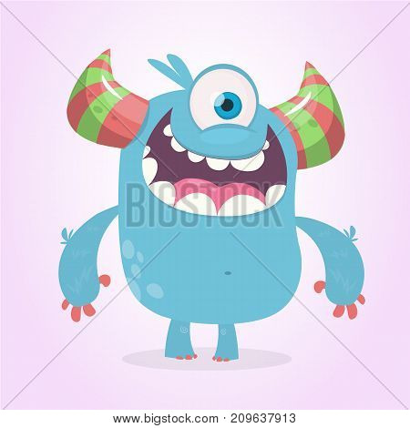 Cute cartoon monster with horns with one eye. Smiling monster emotion with big mouth. Halloween vector illustrationv