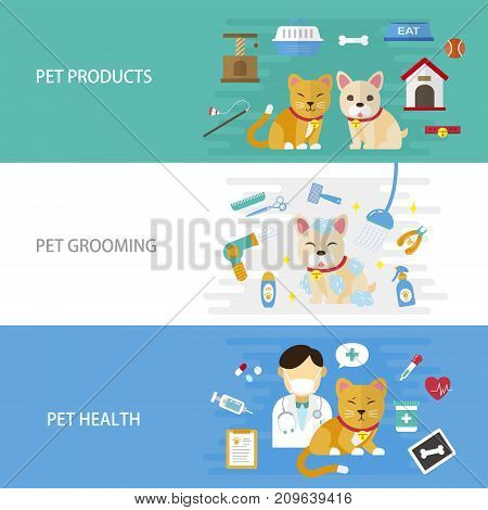 pet care flat design illustration - pet products. grooming and healthcare banner