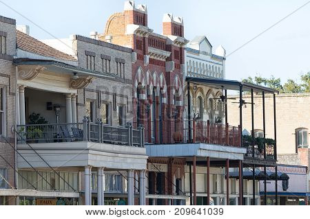 January 9, 2016 Goliad Texas USA: detail of Victorian style building architecture in the historic centre of the town