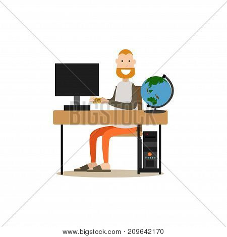 Online flight booking vector illustration. Man using computer and via internet to make a reservation of ticket. Airport people flat style design element, icon isolated on white background.
