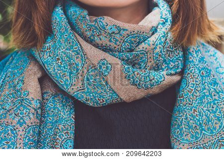 Yong woman hands with cashmere scarf. Bali island. Fashion shot.