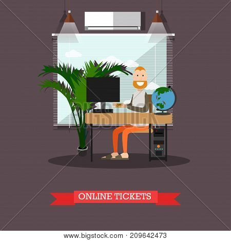 Online flight booking vector illustration. Man using computer and via internet to make a reservation of ticket flat style design element.