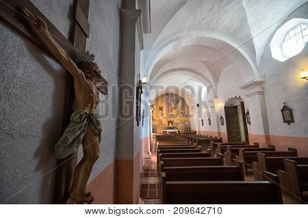 January 9, 2016 Goliad Texas USA: crucifix closeup in the chapel of historic Presido la Bahia Spanish military fort