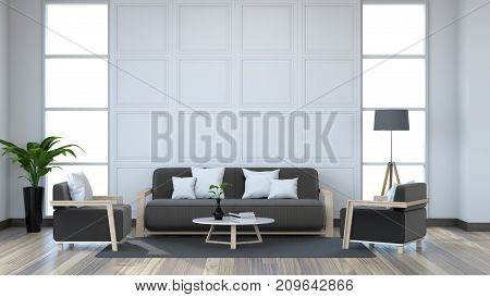 White room interior with black sofa on wood floor/3d render