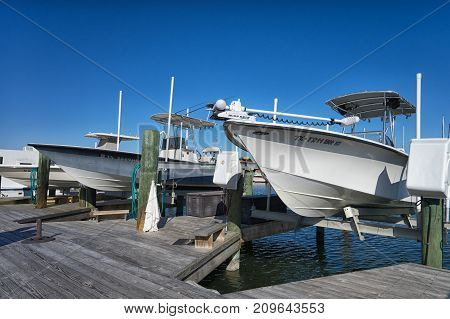 January 10 2016 Port Aranas Texas USA: small motorized boats in dry dock storage