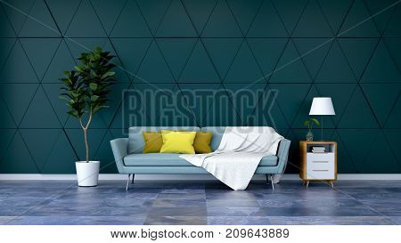 Modern room interior blue sofa and plant with wood cabinet on marble flooring and green wall /3d render