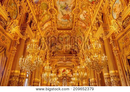 Paris, France, March 31 2017: Interior view of the Opera National de Paris Garnier, France. It was built from 1861 to 1875 for the Paris Opera house