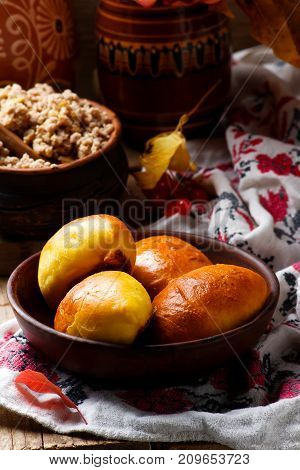 Homemade pirogi .traditional Russian pastries.style rustic selective focus