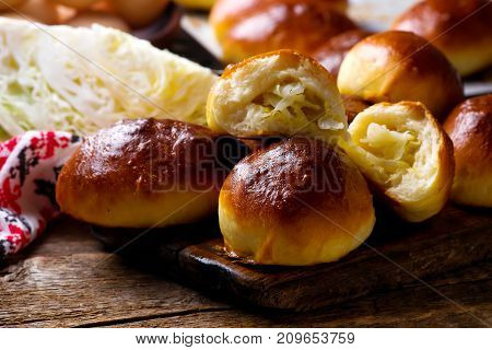 Homemade pirogi .traditional Russian pastries.style rustic selective focus