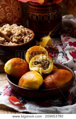 Homemade pirogi .traditional Russian pastries.style rustic selective focus