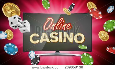 Online Casino Poster Vector. Modern Computer Monitor Concept. Jackpot Billboard, Marketing Luxury Illustration.