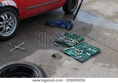 PERM RUSSIA - JUL 22 2017: Competitor car and tools for repair at Open Ural Championship Drift 2017