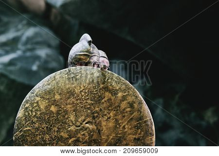 Shot of a medieval warrior wearing a helmet hiding behind his shield ready to throw his spear and attack copyspace.