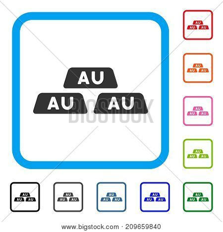 Gold Bullions icon. Flat grey iconic symbol inside a light blue rounded rectangle. Black, gray, green, blue, red, orange color variants of Gold Bullions vector.