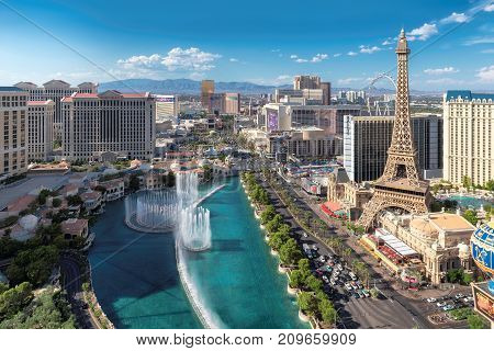 Las Vegas Strip skyline at sunny day on July 25, 2017 in Las Vegas, Nevada. The Strip is home to the largest hotels and casinos in the world.