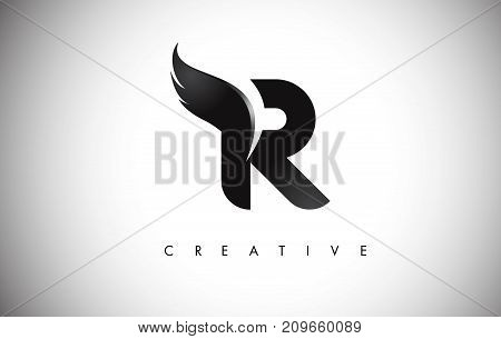 R Letter Wings Logo Design With Black Bird Fly Wing Icon.