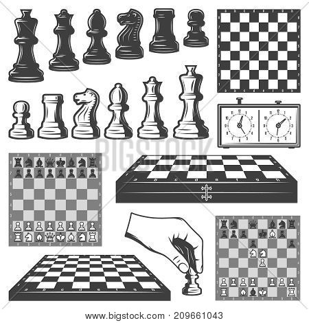 Vintage chess game elements set with chessboards clock king queen knight rook pawn bishop figures isolated vector illustration