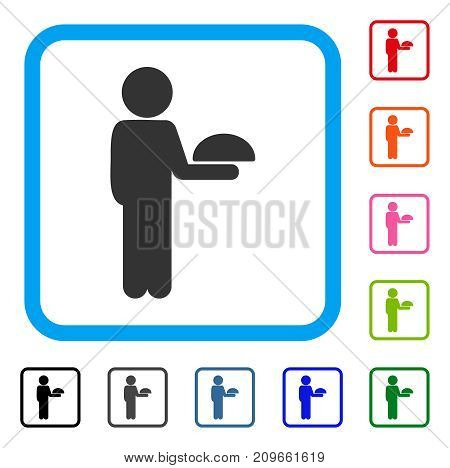 Child Waiter icon. Flat grey iconic symbol inside a light blue rounded squared frame. Black, gray, green, blue, red, orange color additional versions of Child Waiter vector.