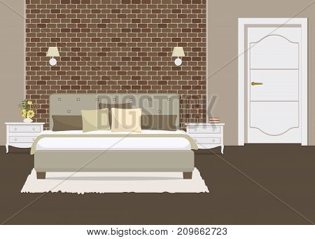 Bedroom with a brick wall. There is a bed with pillows, bedside tables, lamps, a vase with flowers in the picture. Vector flat illustration.