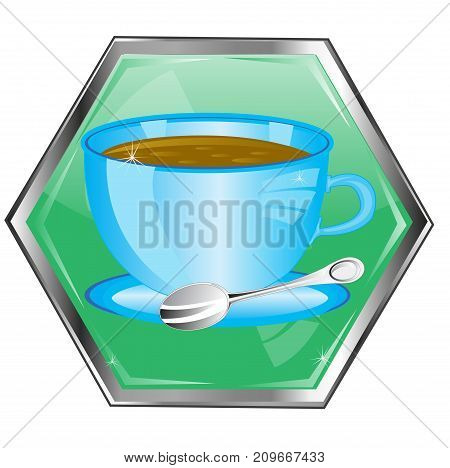 Green button with cup coffee on white background is insulated