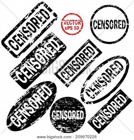 Censored set of black round and square rubber stamps with carved inscription and grunge texture isolated on white background