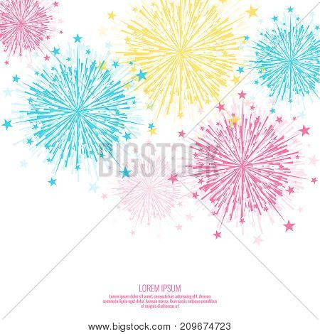 Vector firework design on white background with scattered stars and sparkles. Bright festive decoration.