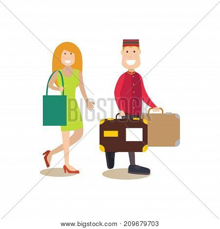 Vector illustration of hotel porter carrying suitcases of client female. Hotel people flat style design element, icon isolated on white background.