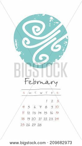Calendar 2018 months February. Week starts from Sunday. Hand drawn with snowstorm eps 10