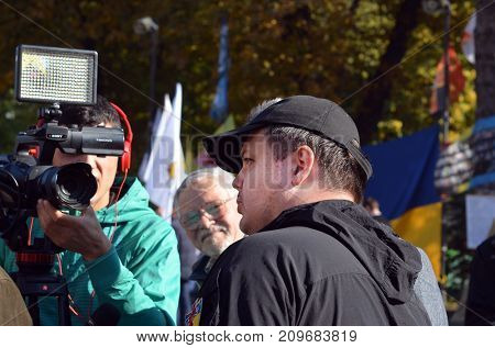Kostya Grishin. The Hero of the Great Victory near Ilovaisk.Rioters of Ukrainian Ragulution near Ukrainian Papliament protest against president Poroshenko.Kiev,Ukraine.October 18, 2017