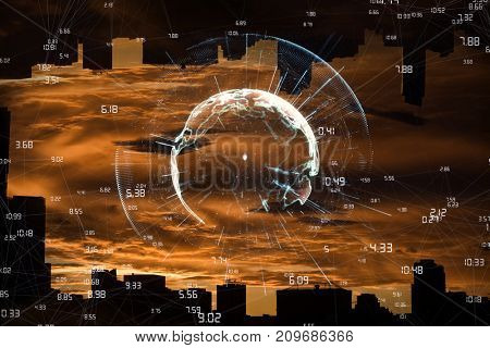 Image of earth with different times against silhouette city against cloudy sky during sunset