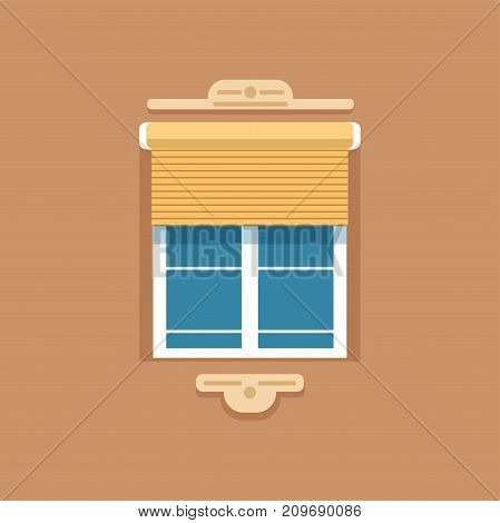 Exterior square window with jalousie and decorative facade cornice on brown wall. Outdoor view, facade cladding. Architectural rectangular details, building element. Flat vector illustration isolated