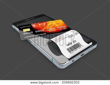 Online Shopping Concept. Smartphone With Credit Card. 3D Illustration, Isolated Black