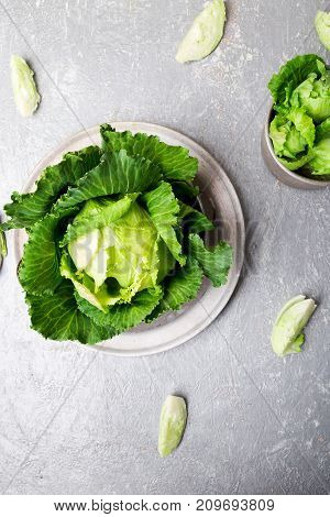 Fresh Green Cabbage In Metal Plate On Grey Background. Top View. Copy Space.