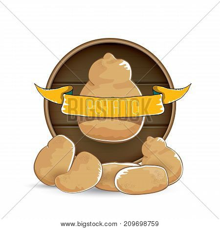 vector sweet brown potato label with pile of potatoes isolated on wooden round background. potato label design template for stickers, banners, posters and restaurant or cafe menu