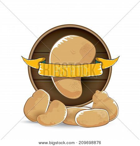 vector sweet brown potato label with pile of potatoes isolated on wooden round background. potato label design template for stickers, banners, posters and restaurant or cafe menu