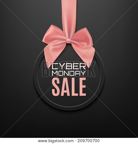 Cyber Monday sale round banner with pink ribbon and bow, on black background. Brochure or banner template. Vector illustration.