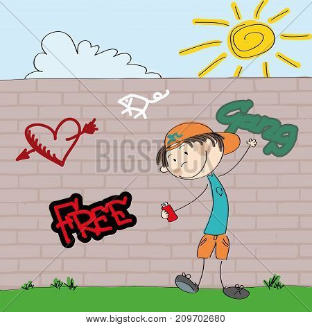 Graffiti artist teenager boy character spraying on the wall - original hand drawn illustration