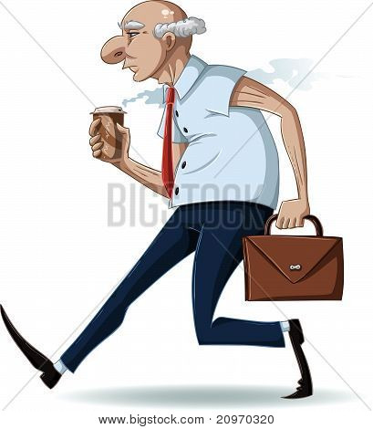 Vecchio uomo d'affari passeggiate con valigetta e caffè
