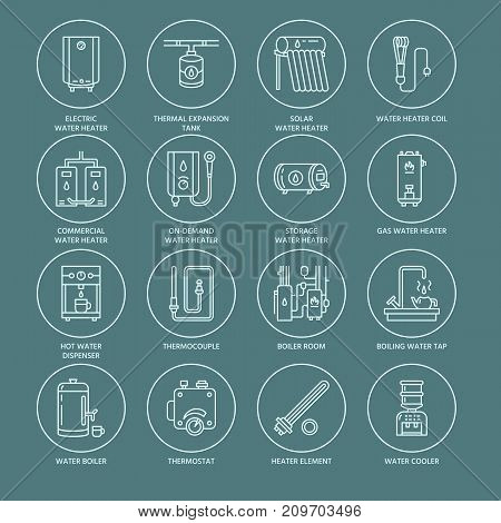 Water heater, boiler, thermostat, electric, gas, solar heaters and other house heating equipment line icons. Thin linear pictogram with editable strokes for hardware store. Household appliances signs.