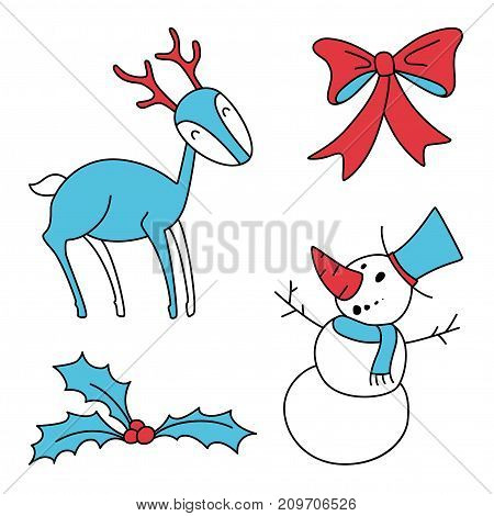 Christmas hand drawn vector set with, holly berries, smiling snowman, xmas gift saten bow and deer