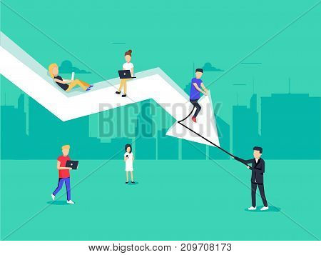 Business cost reduction concept illustration of business team sitting on the big arrow. Flat people working with laptops to develop project and reduce risks and price. Blue background with copy space