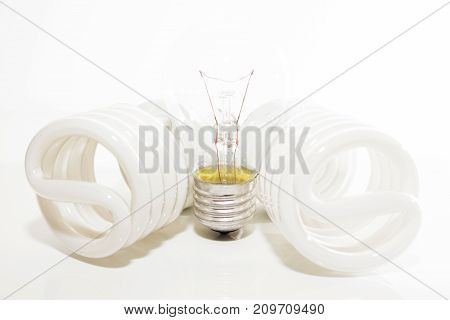 Several different led bulbs and compact fluorescent lamps with the size of the male screw base E27 on a light background