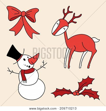 Christmas hand drawn vector set with, holly berries, smiling snowman, xmas gift saten bow and deer