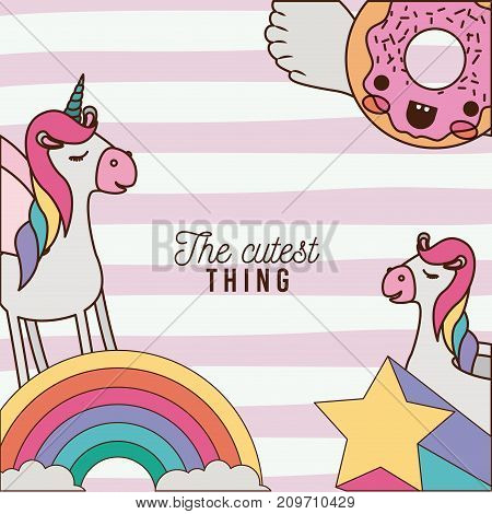 the cutest thing poster with unicorns rainbows stars and donut with wings and colorful lines background vector illustration