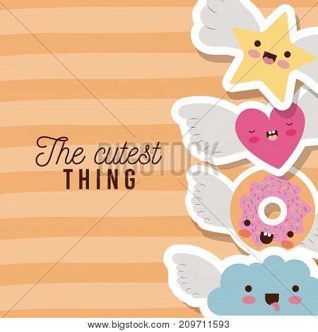 the cutest thing poster with star cloud heart and donut with wings in colorful lines background vector illustration