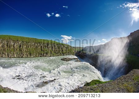 famous Gullfoss waterfall in southern Iceland. treking in Iceland. Travel and landscape photography concept