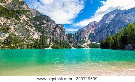 Beautiful view of the Braies lake in South Tyrol Italy