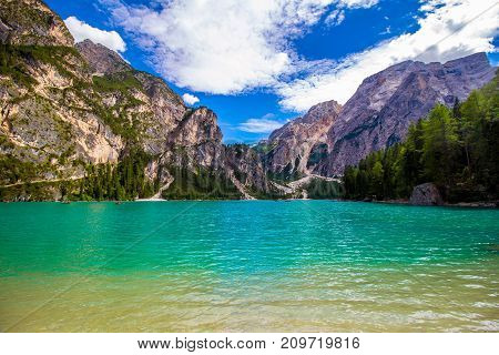 Beautiful view of the Braies lake in South Tyrol Italy