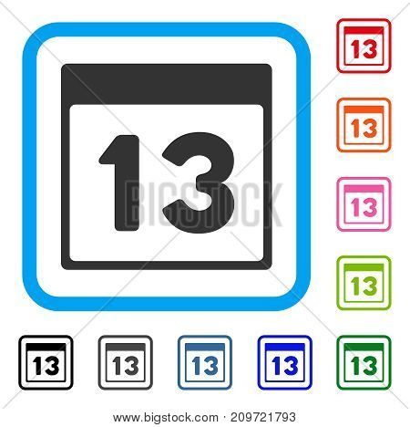 Thirteenth Calendar Page icon. Flat grey pictogram symbol inside a light blue rounded square. Black, gray, green, blue, red, orange color variants of Thirteenth Calendar Page vector.