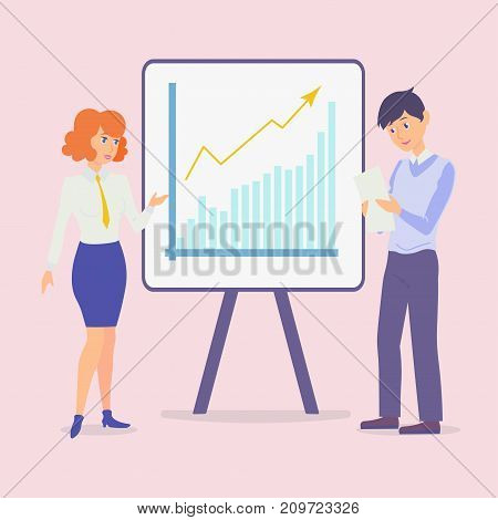 Vector. The employee reports to the manager about the project. The teacher helps the student. New work. Communication between two people. Stand with diagram.